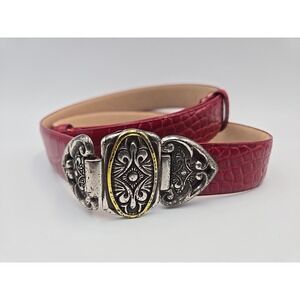 Lake Shore Drive Accessories Women's Belt Red Silver Metal Buckle Embossed Sz L